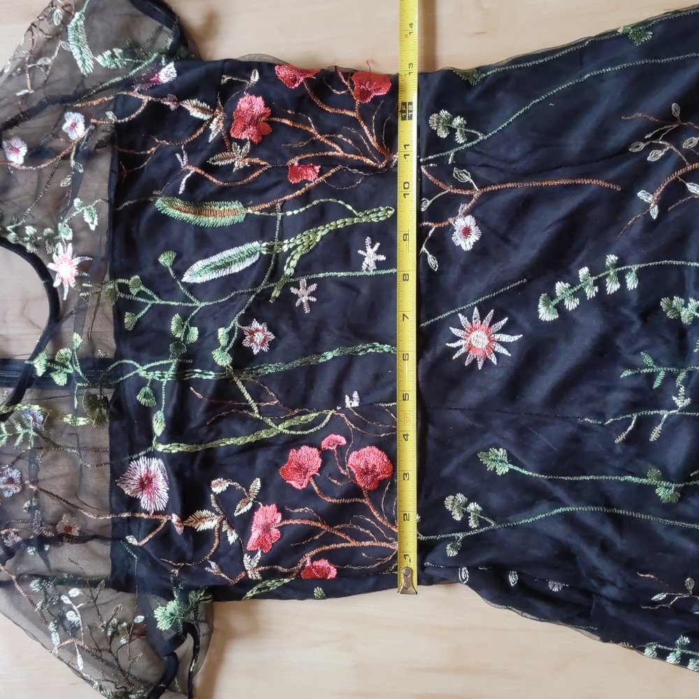NEW Embroidered Mini Dress, S, black floral, mesh, lined, zip up, formal, sheer - Picture 7 of 16